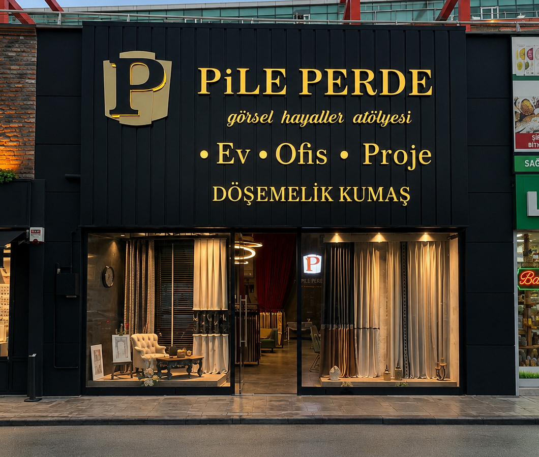 Pile Perde Çayyolu showroom dış cephesi, tabelası, vitrinleri ve giriş kapısı